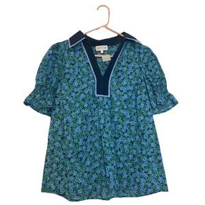Entro Floral Smocked Puff Sleeve Top Navy Green V Neck Collar NWT - Small